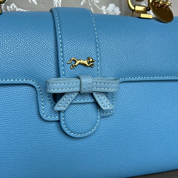 MME. MINK BLUE TOP HANDLE CARLTON BOW BAG - Picture 2 of 14